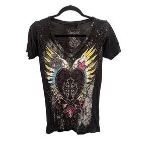 Archaic Black Short Sleeve Tee with Winged Heart Graphic